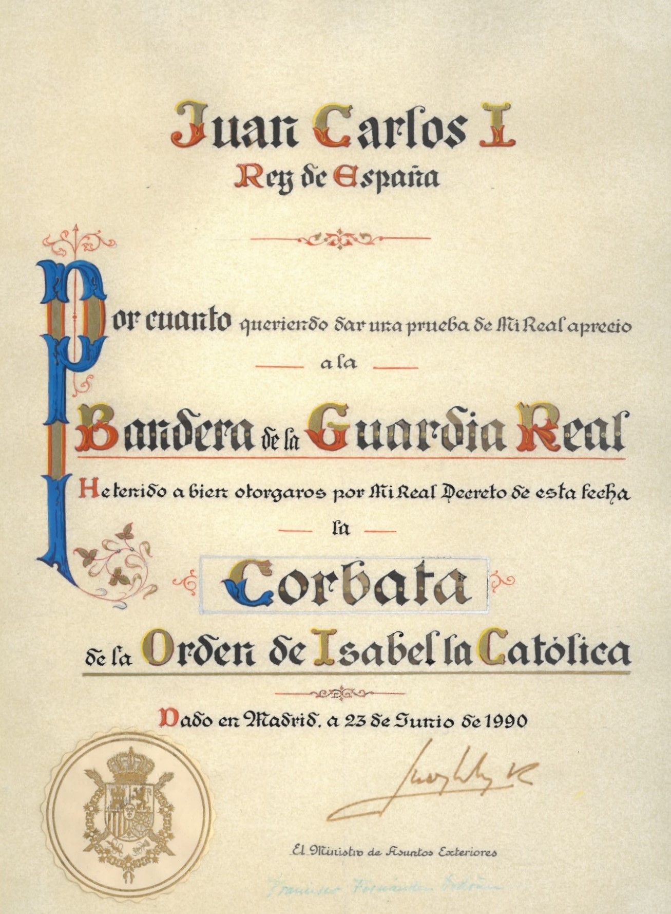 Corbata de la Orden de Isabel la Católica concedida el 23 de junio de 1990