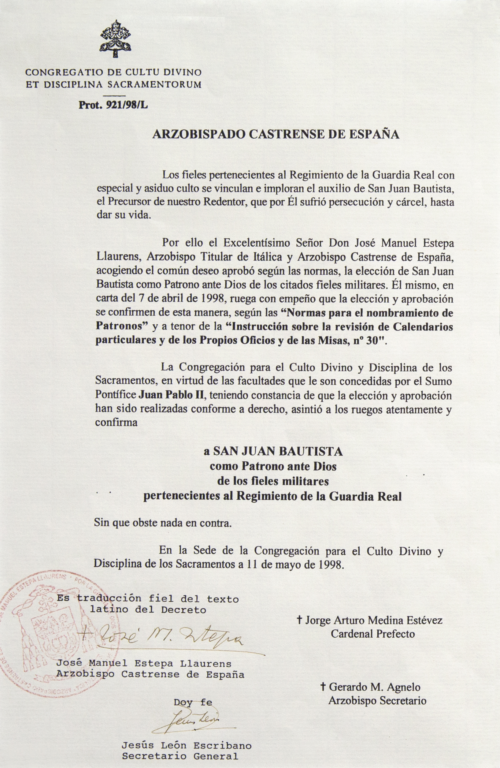 Cédula de confirmación de San Juan Bautista como patron de la Guardia Real