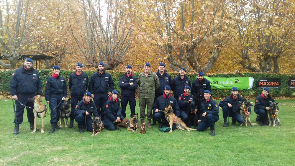 El subteniente Jimeno junto a la Sección de Guías de Perros
