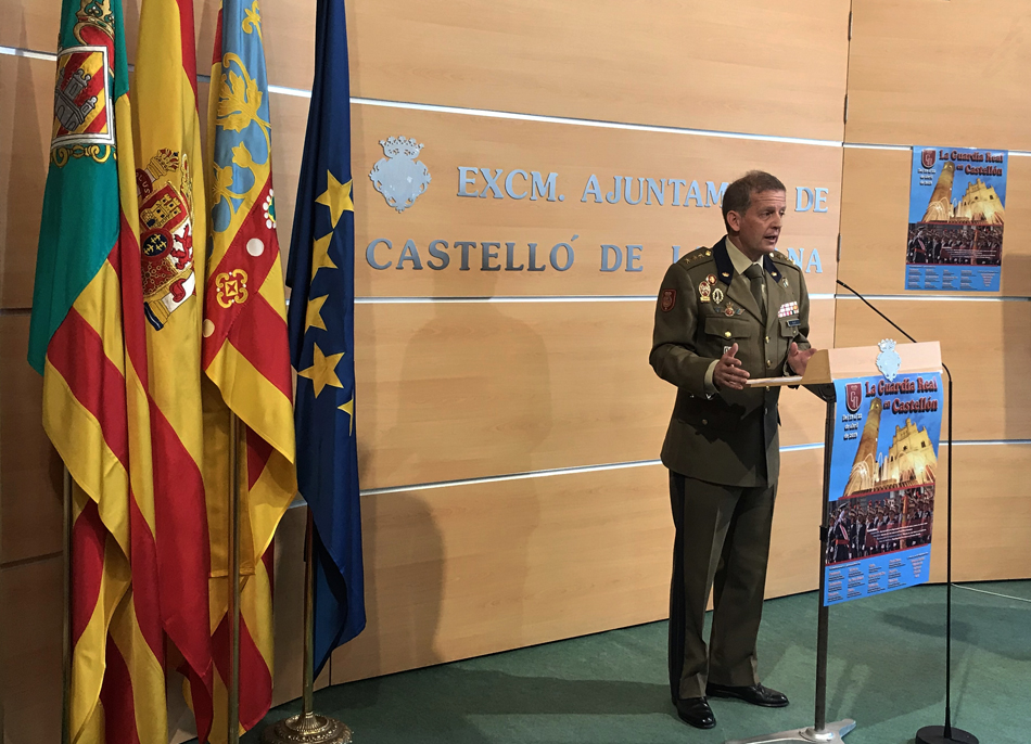 El coronel jefe de la Guardia Real, Eduardo Diz Monje, presentando el ejercicio 'Castellón 2018'